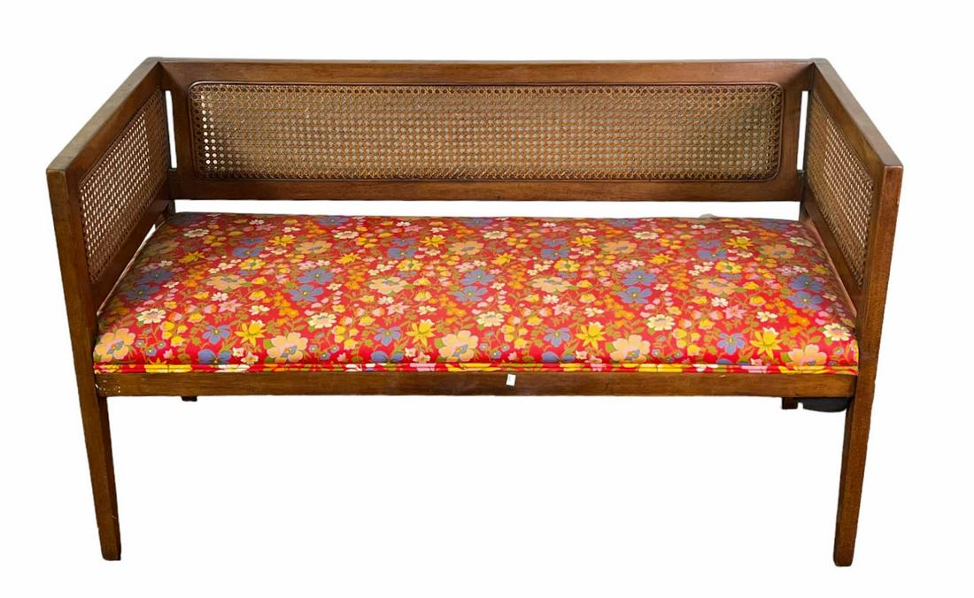 VINTAGE UPHOLSTERED AND CANE BENCH (1 of 2)