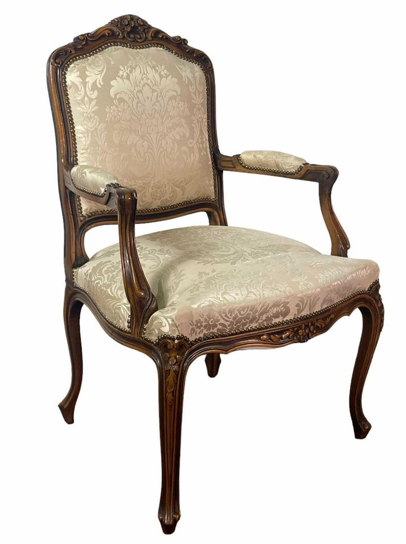 FRENCH STYLE ARMCHAIR: FRENCH STYLE ARMCHAIR. Height: 40.5 in. by Width: 26 in. by Depth: 20 in.