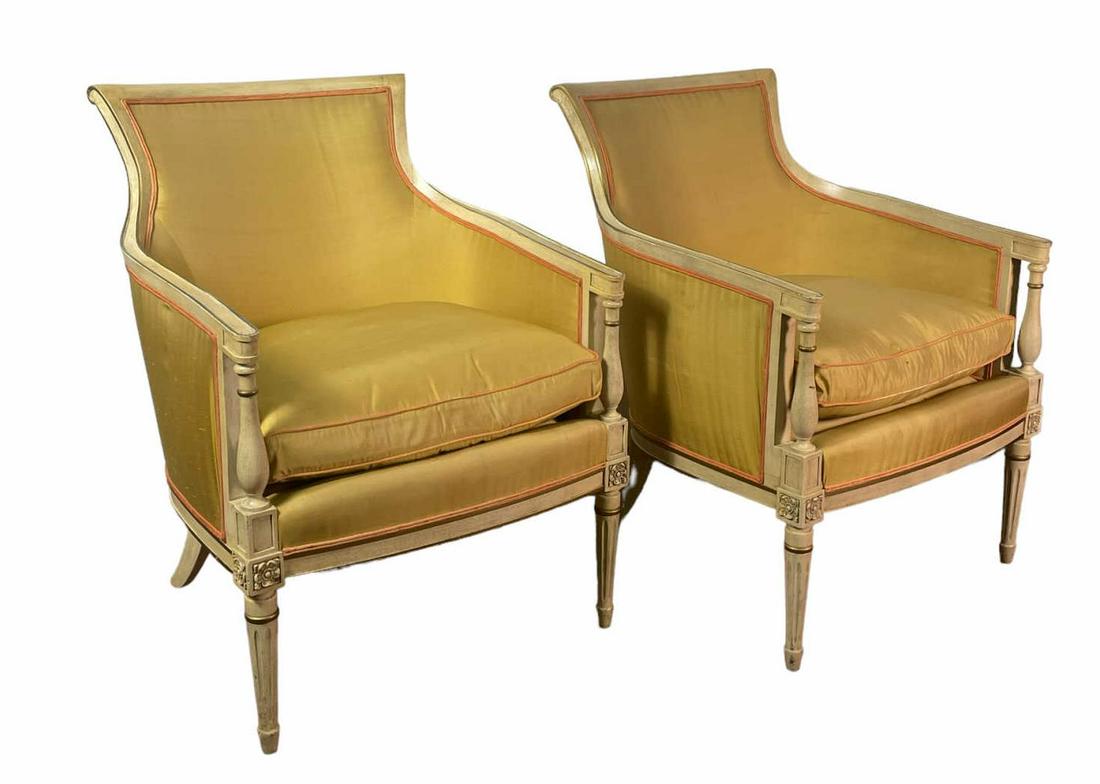 PAIR OF LOUIS XVI STYLE ARMCHAIRS: PAIR OF LOUIS XVI STYLE ARMCHAIRS WITH DOWN FILLED SEAT CUSHIONS Height: 34.5 in. by Width: 25.5 in. by Depth: 29.5 in.