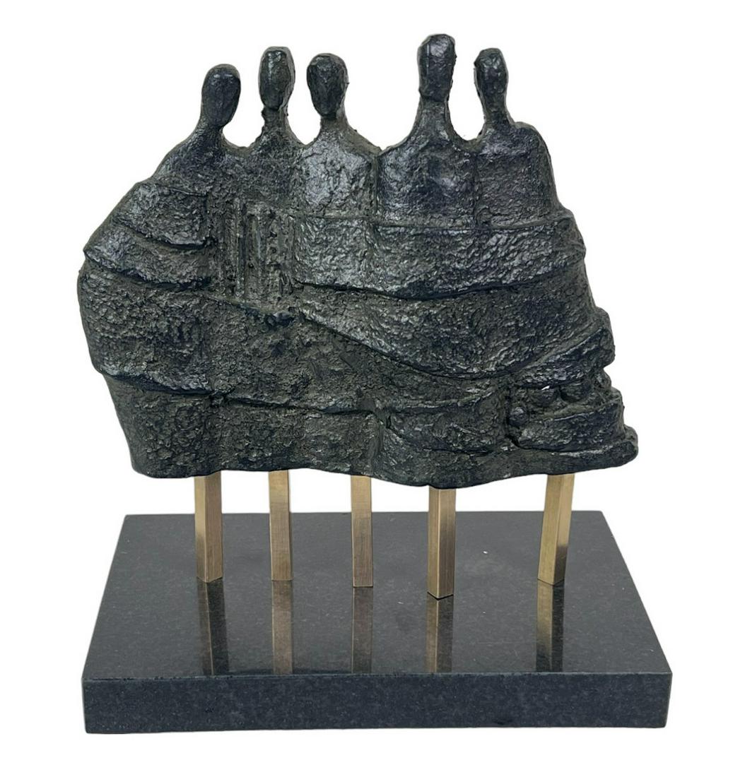 CAST IRON SCULPTURE OF A CROWD ON BRASS & GRANITE: CAST IRON SCULPTURE OF A CROWD ON BRASS & GRANITE. Height: 9.25 in. by Width: 5.25 in. by Depth: 8.5