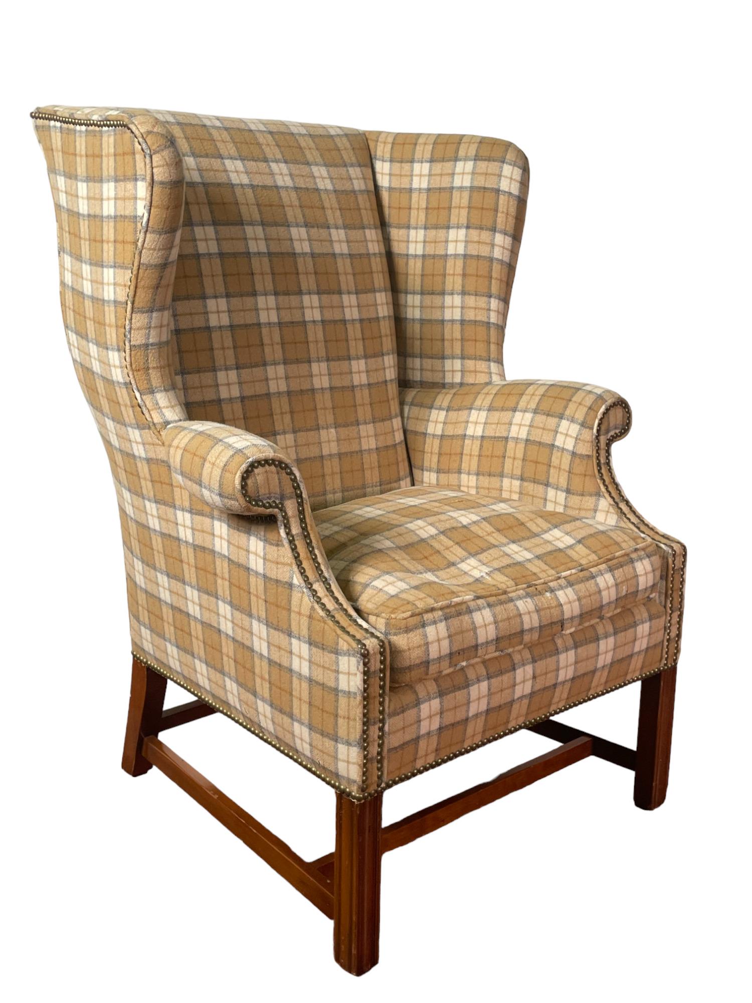 PLAID WING CHAIR: PLAID WING CHAIR Height: 42 in. by Width: 32 in. by Depth: 32
