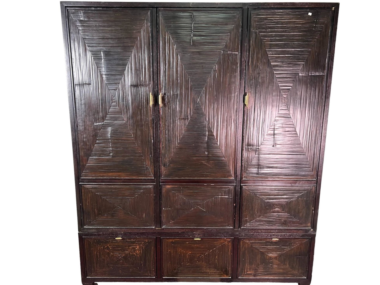 LARGE MCGUIRE CRUSHED BAMBOO FACED STORAGE CABINET: LARGE MCGUIRE CRUSHED BAMBOO FACED STORAGE CABINET FROM THE FAUBOURG COLLECTION Height: 70.5 in. by Width: 59.5 in. by Depth: 24.5