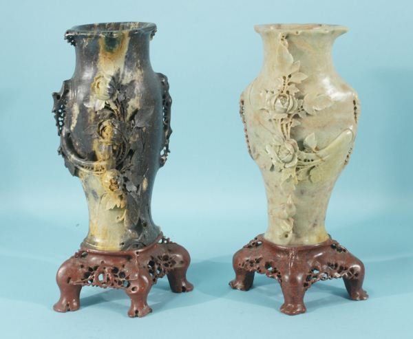 TWO ANTIQUE CHINESE CARVED SOAPSTONE VASES: LOT OF TWO ANTIQUE CHINESE CARVED SOAPSTONE VASES. Height: 14 in. by Width: 6 1/2 in. by Depth: 3 in.