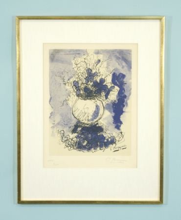 BRAQUE" FLEURS SUR FOND BLEU' LITHO #144/300: GEORGES BRAQUE "FLEURS SUR FOND BLEU" COLOR LITHOGRAPH EDITION NUMBER 144/300. PROVENANCE: FROM THE BERGGRUEN & CIE 70 RUE DE PUNIVERSITE PARIS. Height: 27 1/2 and 18 1/2 in. by Width: 21 1/2 and 14 i
