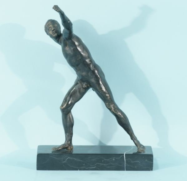 1930's ART DECO BRONZE NUDE: 1930's ART DECO BRONZE NUDE IN THROWING STANCE ON MARBLE BASE. Height: 17 in. by Width: 11 1/2 in. by Depth: 3 1/2 in.