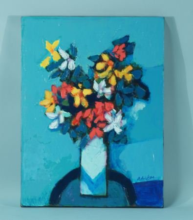 DAVID ADICKES "FLOWERS IN BLUE ROOM" PAINTING: DAVID ADICKES "FLOWERS IN BLUE ROOM" ACRYLIC ON PANEL PAINTING. Height: 20 in. by Width: 15 in. by Depth: 1 in.