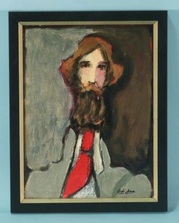 DAVID ADICKES "POET IN RED TIE" PAINTING: DAVID ADICKES "POET IN RED TIE" INK AND ACRYLIC ON PANEL PAINTING. Height: 13 1/2 in. by Width: 10 1/2 in. by Depth: 1 in.