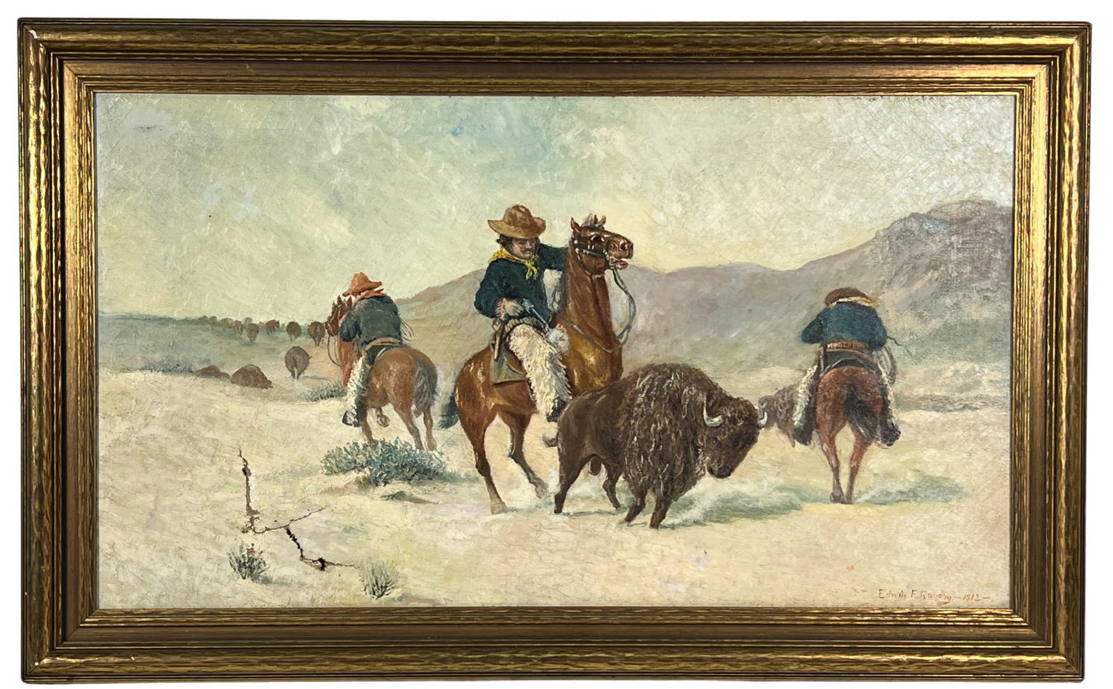 EDWIN F. RANDBY COWBOYS & BUFFALO OIL, 1912: EDWIN F. RANDBY COWBOYS & BUFFALO OIL ON CANVAS, 1912, IN GILDED FRAME. FROM THE DOC C. ESTATE. Height: 27 in. by Width: 43.25 in.