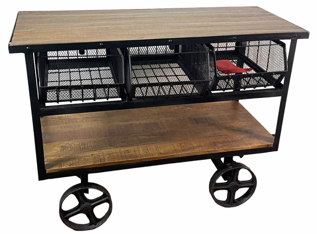 MANGO WOODEN & IRON CART: MANGO WOODEN & IRON CART. Height: 36.5 in. by Width: 48 in. by Depth: 20 in.