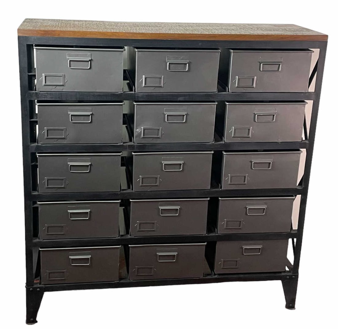METAL & MANGO WOOD INDUSTRIAL CHEST OF DRAWERS: METAL & MANGO WOOD INDUSTRIAL CHEST OF DRAWERS. Height: 50 in. by Width: 48 in. by Depth: 15