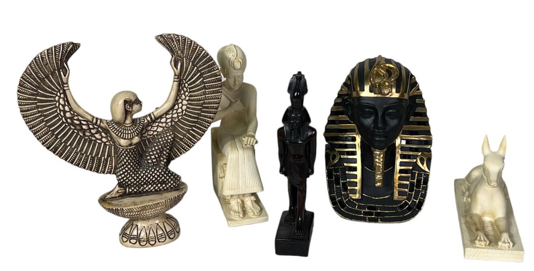 MIXED LOT OF FIVE EGYPTIAN STYLE RELICS: MIXED LOT OF FIVE EGYPTIAN STYLE RELICS: ISIS, KING TUT, ETC. Height: 14 in. by Width: 4 in. by Depth: 8 in.