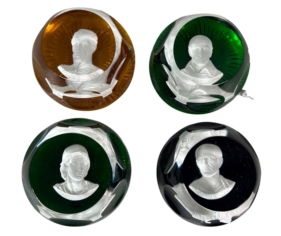 FOUR FRANKLIN MINT BACCARAT CAMEOS: FOUR FRANKLIN MINT BACCARAT CAMEOS. PART OF THE GREAT LEADERS IN HISTORY COLLECTION. Height: 2 in. by Width: 2.75 in. by Depth: 2.75