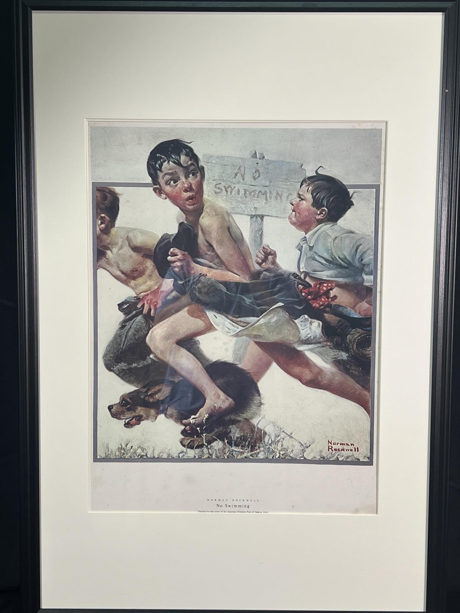 ORIGINAL NORMAN ROCKWELL 1930"S "NO SWIMMING": ORIGINAL NORMAN ROCKWELL 1930"S "NO SWIMMING", PRINTED FOR SATURDAY EVENING POST, JUNE 4, 1921. Height: 38 in. by Width: 26 in. by Depth: .5 in.