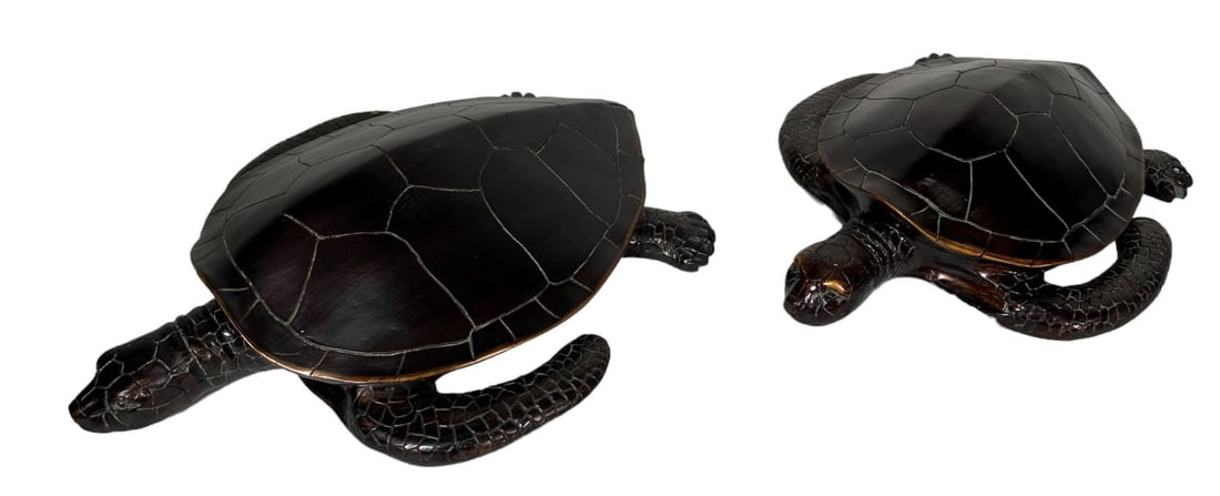 PAIR OF BRONZE PATINA SEA TURTLES: PAIR OF BRONZE PATINA SEA TURTLES. Height: 4.5 in. by Width: 19 in. by Depth: 19 in. 5 pounds each.