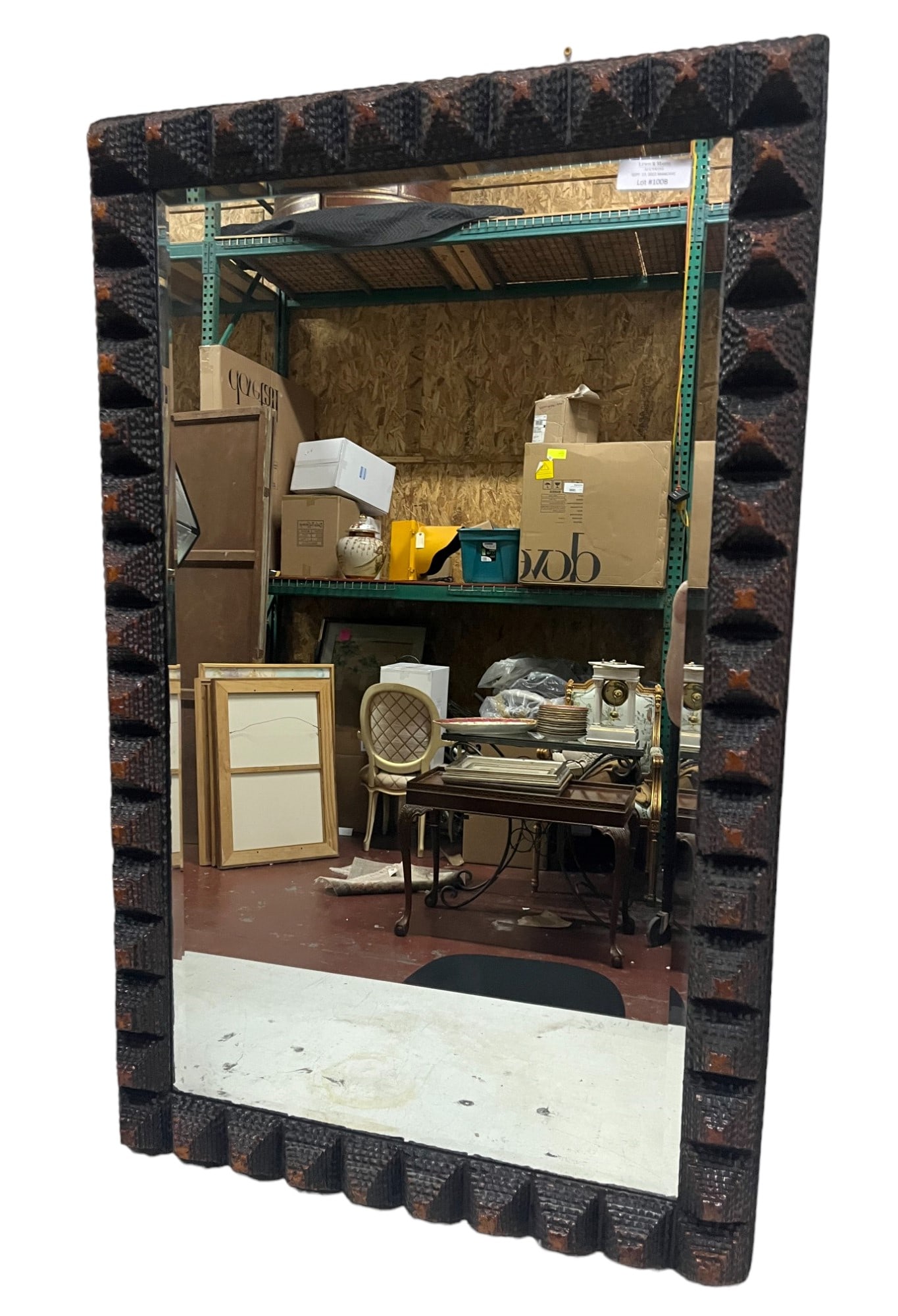 UNIQUE TRAMP ART FRAMED MIRROR: UNIQUE TRAMP ART FRAMED MIRROR Height: 49 in. by Width: 30.25 in. by Depth: 4