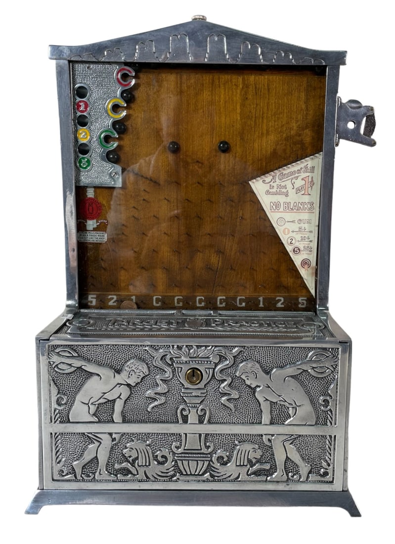 1926 O.D. JENNINGS TRADE STIMULATOR "THE TARGET": 1926 O.D. JENNINGS TRADE STIMULATOR "THE TARGET" 1 CENT PENNY SLOT MACHINE. Height: 18 in. by Width: 14 in. by Depth: 8 in.