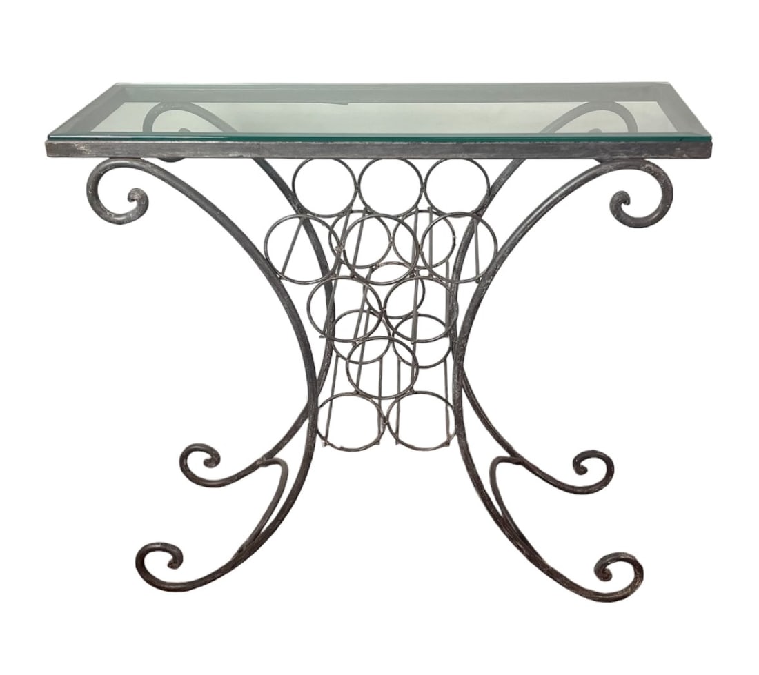 WROUGHT IRON AND GLASS CONSOLE W WINE STORAGE: WROUGHT IRON AND GLASS CONSOLE W WINE STORAGE Height: 32.5 in. by Width: 36.5 in. by Depth: 12