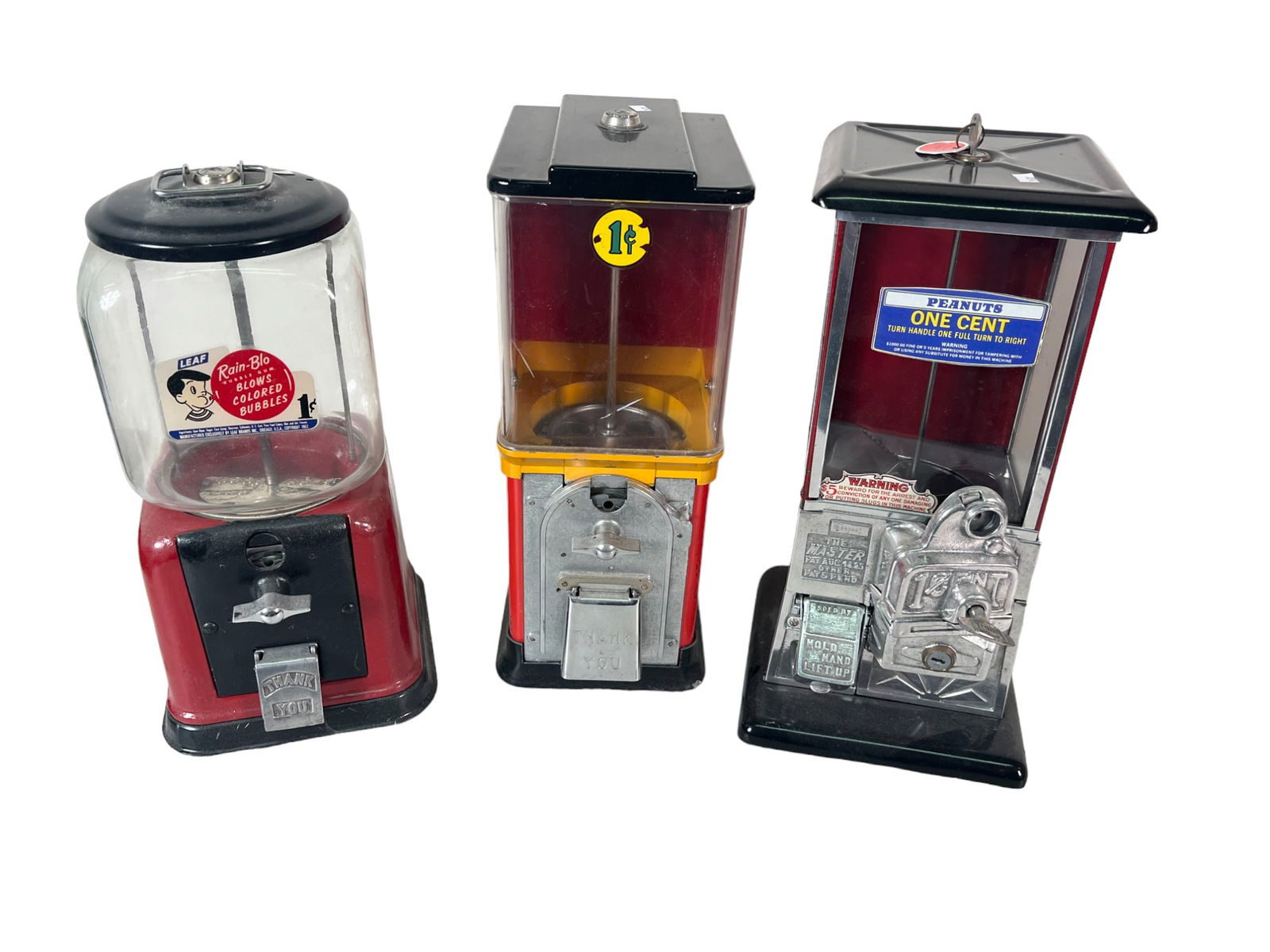 3 GUMBALL / PEANUT VENDING MACHINES: 3 GUMBALL / PEANUT VENDING MACHINES MASTERS PENNY OPERATED VICTOR TOPPER SQUARE VICTOR TOPPER ROUND Height: 16 in. by Width: 8 in. by Depth: 8