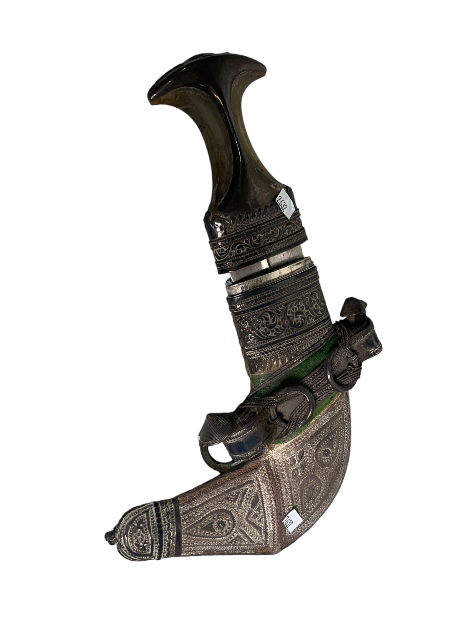 ANTIQUE JAMBIYA DAGGER AND SHEATH: ANTIQUE JAMBIYA DAGGER AND SHEATH Height: 14 in. by Width: 8 in. by Depth: 2