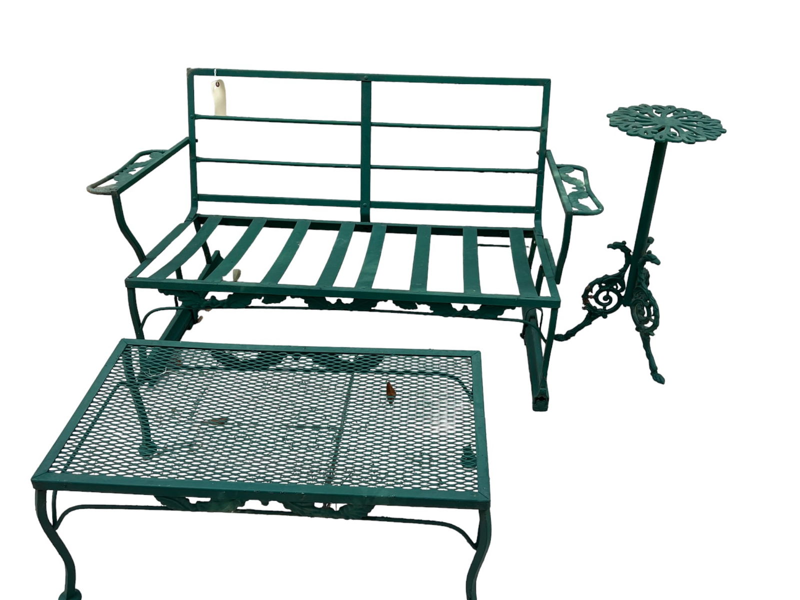 VINTAGE WOODARD WROUGHT IRON GLIDER & TABLES: VINTAGE WOODARD WROUGHT IRON SETTEE & TABLES