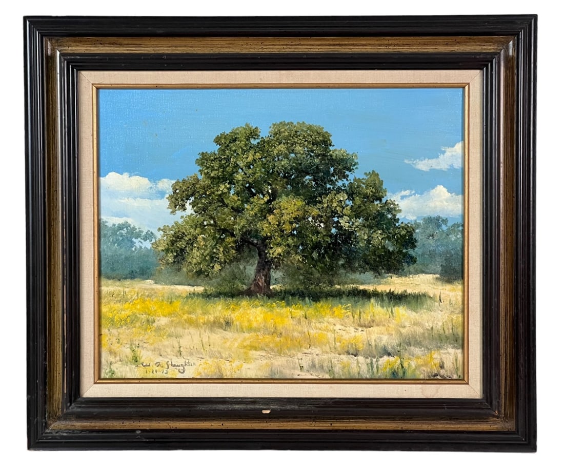 SIGNED WILLIAM SLAUGHTER OIL ON CANVAS TREE 1973: SIGNED WILLIAM SLAUGHTER OIL ON CANVAS TREE, 1973. Height: 23.5 & 16 in. by Width: 27.25 & 20 in. by Depth: 2.5 in.