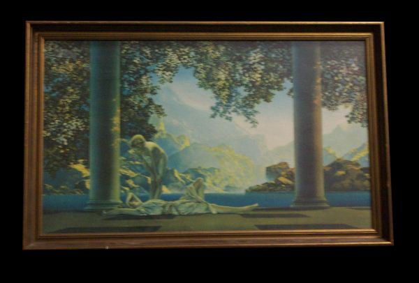 MAXFIELD PARRISH "DAYBREAK" PAINTING: MAXFIELD PARRISH "DAYBREAK (WOMAN LAYING, WITH BOY STANDING OVER)" PAINTING. Height: 20 1/2 in. by Width: 32 1/2 in.