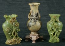 TWO CARVED JADE VASES AND A SOAPSTONE VASE: TWO CARVED JADE VASES AND A SOAPSTONE VASE. Height: 6 and 8 in. by Width: 3 1/2 and 3 1/2 in. by Depth: 2 1/2 and 1 1/2 in.