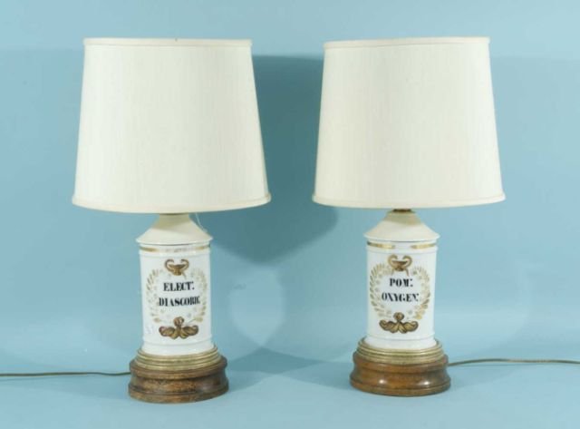 PAIR OF ANTIQUE APOTHOCARY JARS CONVERTED TO LAMPS: PAIR OF ANTIQUE APOTHOCARY JARS CONVERTED TO LAMPS WITH SHADES. Height: 12 in. by Width: 6 1/2 in. by Depth: 7 in.