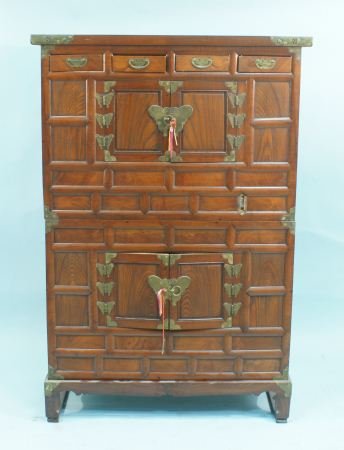 ANTIQUE KOREAN TANSU CABINET: ANTIQUE KOREAN TANSU CABINET. Height: 55 in. by Width: 37 1/2 in. by Depth: 15 1/4 in.