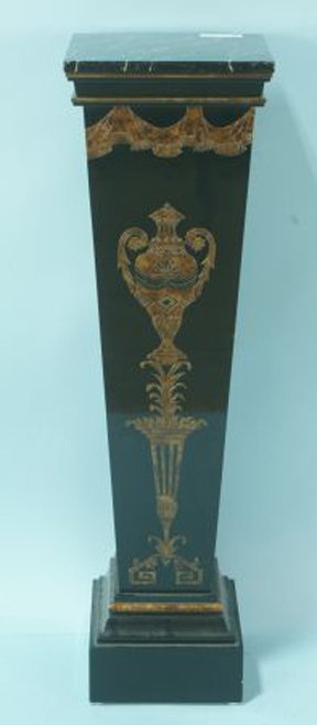 BLACK LACQUERED FAUX GRAIN ART DECO PEDASTAL: BLACK LACQUERED FAUX GRAIN ART DECO PEDASTAL Height: 42 in. by Width: 12 in. by Depth: 12 in.