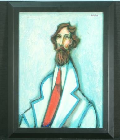 DAVID ADICKES "POET IN RED TIE" PAINTING: DAVID ADICKES "POET IN RED TIE" ACRYLIC ON CANVAS PAINTING Height: 29 and 24 1/4 in. by Width: 23 and 17 3/4 in. by Depth: 1 1/2 in.