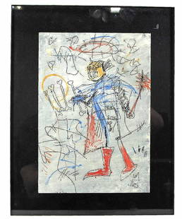 PASTEL & PENCIL DRAWING IN THE MANNER OF BASQUIAT: PASTEL & PENCIL DRAWING IN THE MANNER OF BASQUIAT Height: 15 in. by Width: 12 in.