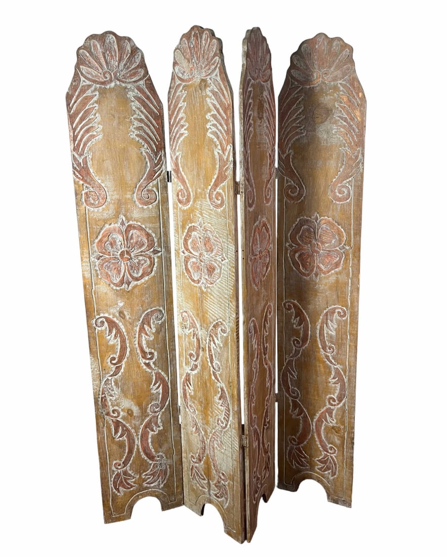 WOOD CARVED 4 PANEL FOLDING SCREEN (1 of 5)