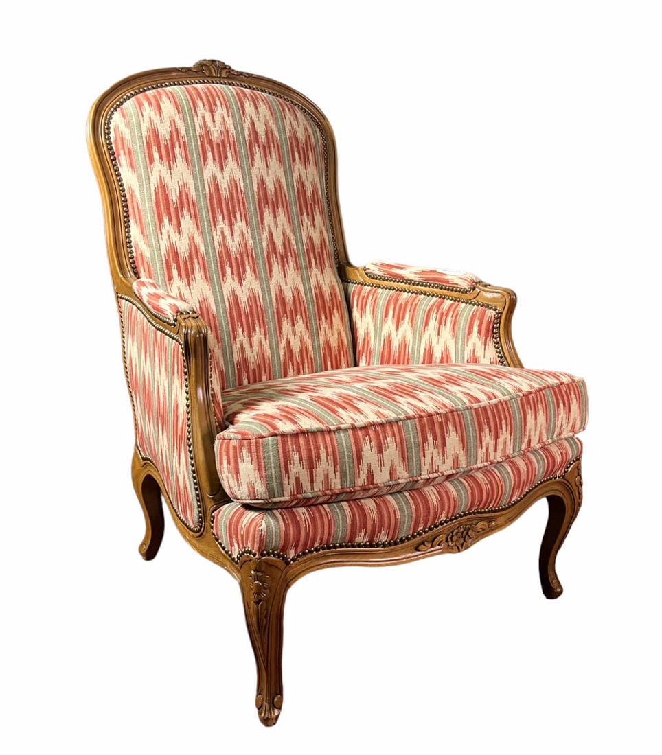 LOUIS XV BERGERE CHAIR IN FLAME STITCH FABRIC: LOUIS XV BERGERE CHAIR IN FLAME STITCH FABRIC Height: 41 in. by Width: 29.5 in. by Depth: 32