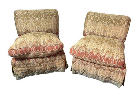 PAIR OF VINTAGE UPHOLSTERED SLIPPER CHAIRS: PAIR OF VINTAGE UPHOLSTERED SLIPPER CHAIRS Height: 30.5 in. by Width: 28 in. by Depth: 35