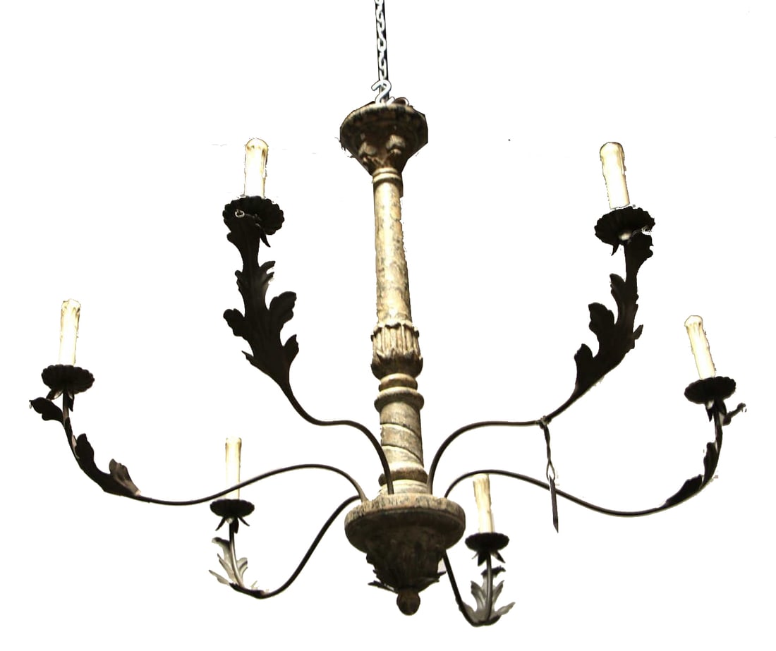 LARGE WOODEN SIX LIGHT CHANDELIER: LARGE WOODEN SIX LIGHT CHANDELIER. Height: 42 in. by Width: 39 in.