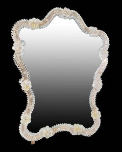 MURANO GLASS WALL MIRROR CLEAR AND GOLD FLAKE: MURANO GLASS WALL MIRROR CLEAR AND GOLD FLAKE Height: 26 in. by Width: 20.5 in. by Depth: 1.75