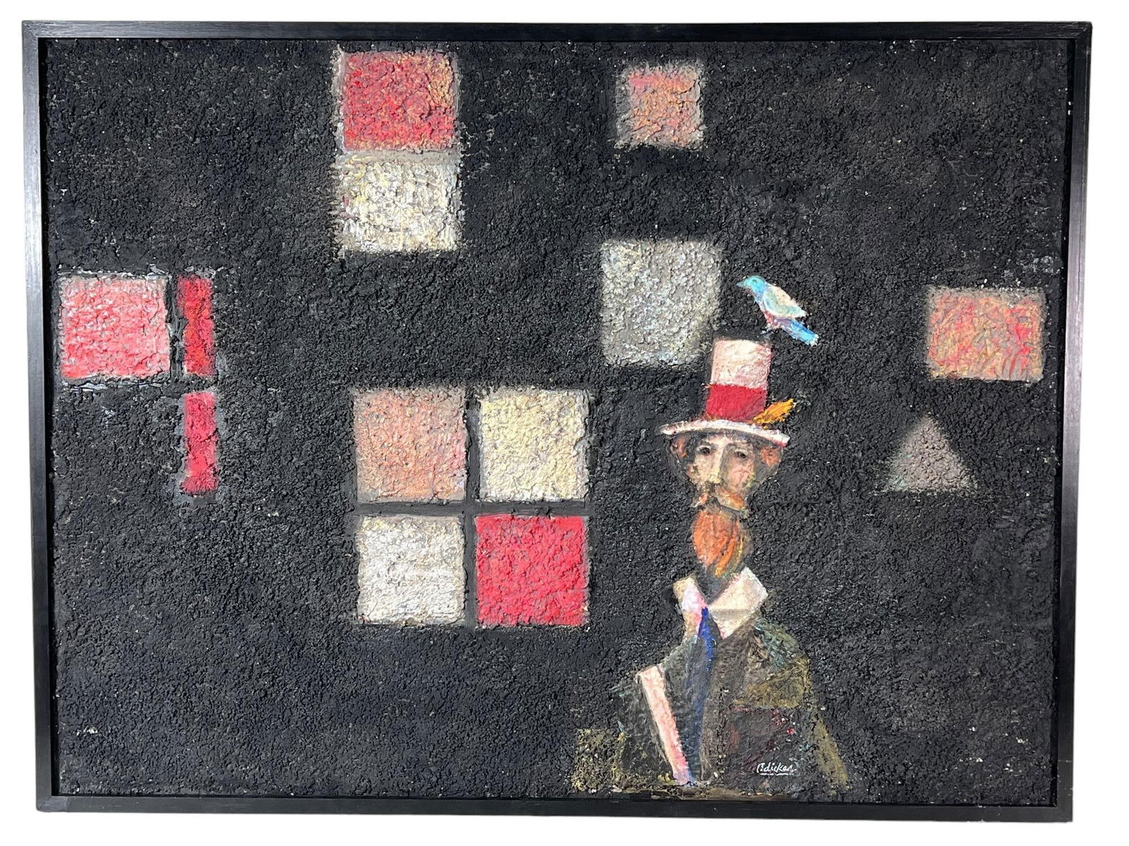 DAVID ADICKES "PHILOSOPHER WITH BIRD" ACRYLIC: DAVID ADICKES "PHILOSOPHER WITH BIRD" ACRYLIC ON PANEL Height: 37 in. by Width: 49 in. by Depth: 2