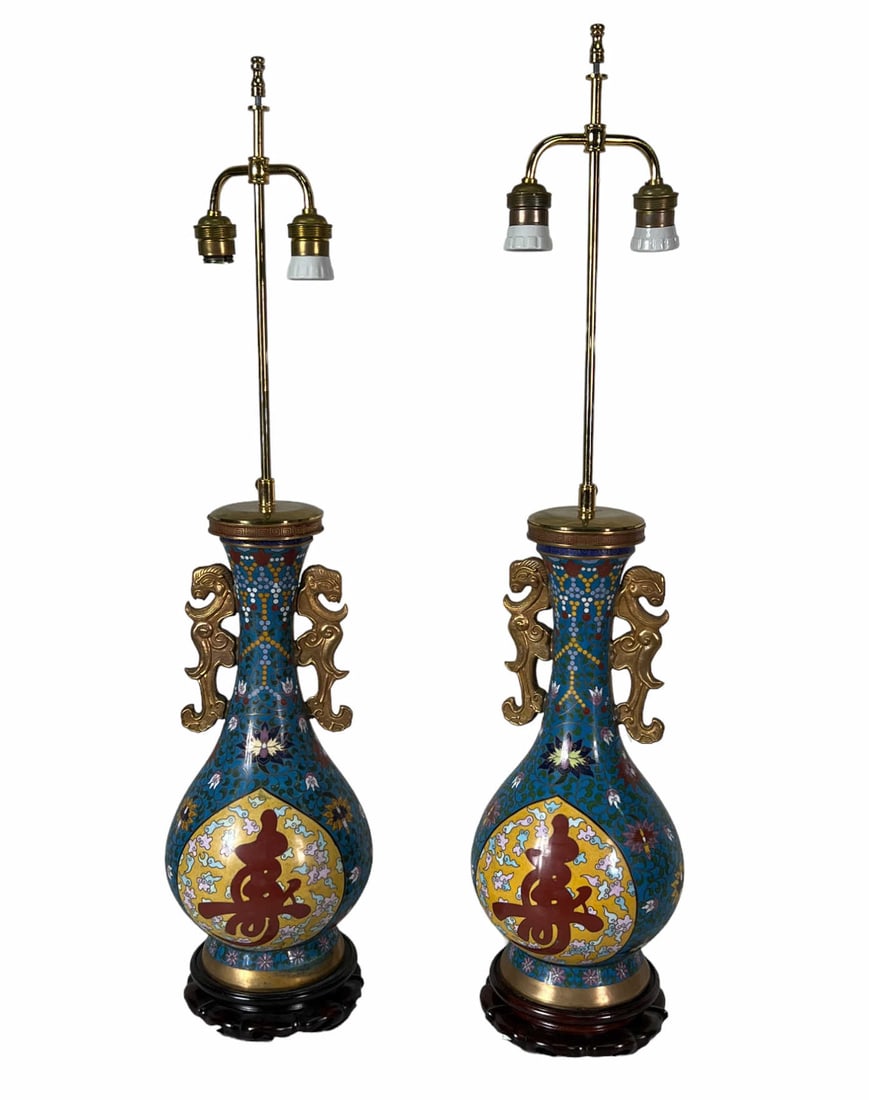 ANTIQUE PAIR OF CHINESE CLOISSONNE TABLE LAMPS (1 of 4)