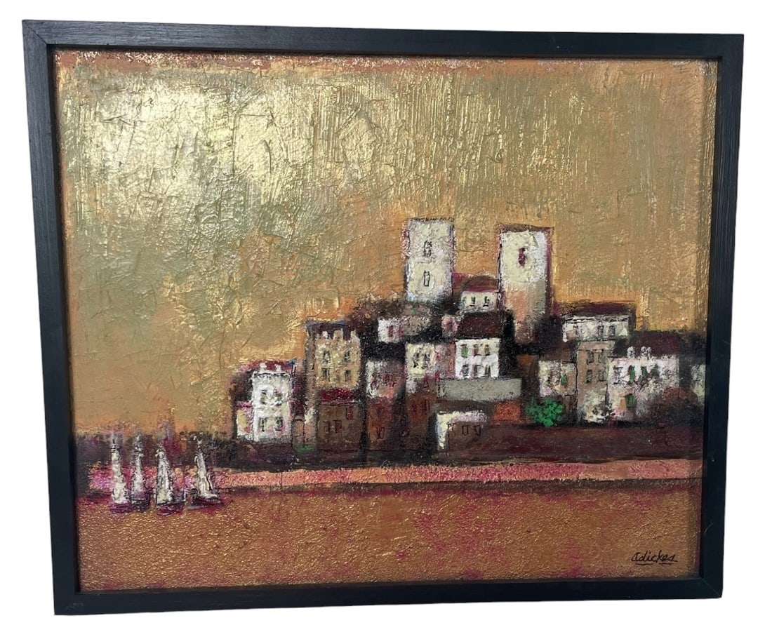 DAVID ADICKES CITYSCAPE ACRYLIC ON PANEL PAINTING: DAVID ADICKES CITYSCAPE ACRYLIC ON PANEL PAINTING. Height: 24.25 in. by Width: 25