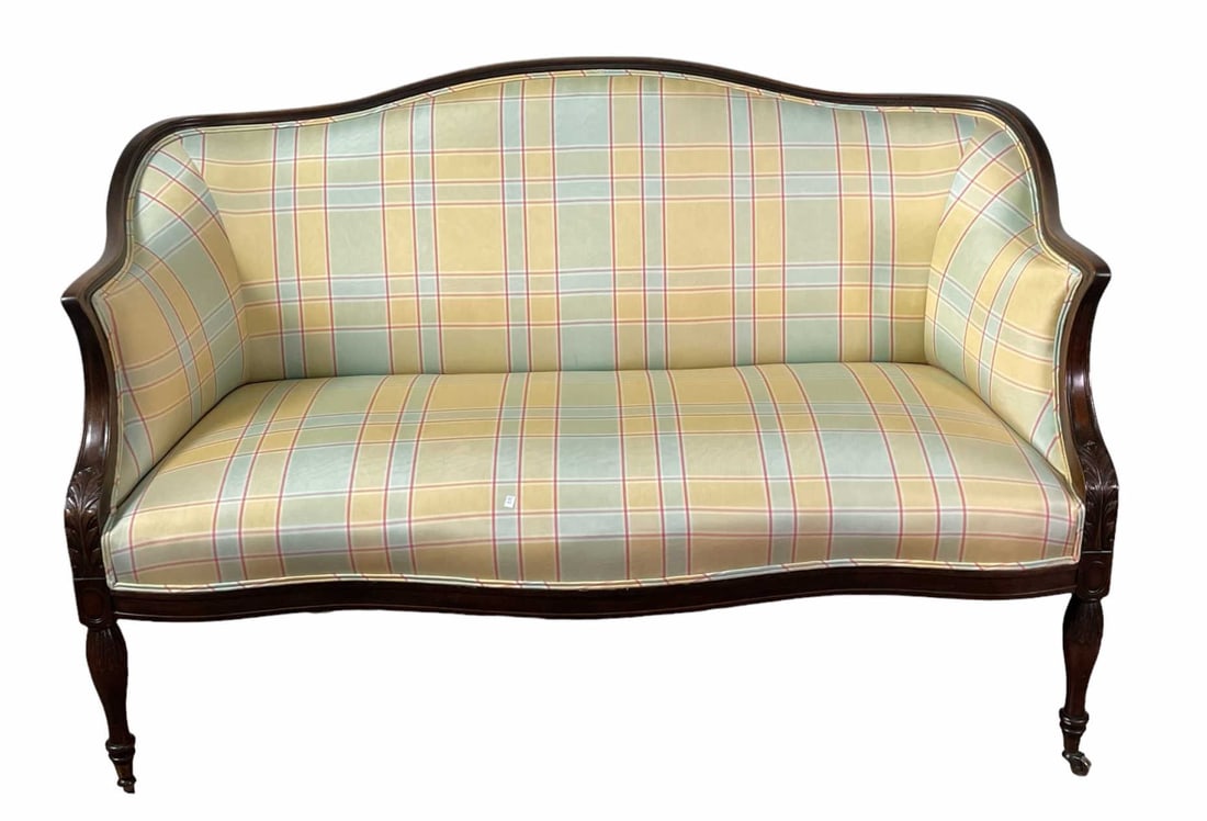 ANTIQUE PLAID UPHOLSTERED SETTEE ON CASTERS (1 of 3)
