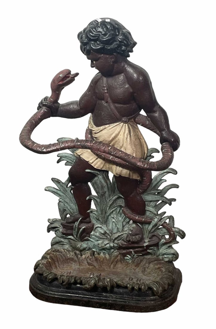 VINTAGE HERCULES AND SERPENT UMBRELLA STAND: VINTAGE HERCULES AND SERPENT CAST IRON UMBRELLA STAND Height: 32 in. by Width: 20 in. by Depth: 9.5