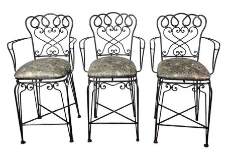 3 WROUGHT IRON ETHAN ALLEN BAR STOOLS: 3 WROUGHT IRON ETHAN ALLEN BAR STOOLS Height: 43 in. by Width: 22 in. by Depth: 20