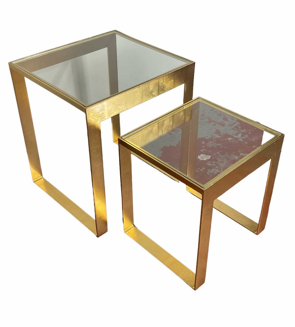 GOLD LEAF ON METAL NEST OF TABLES: GOLD LEAF ON METAL NEST OF TABLES. Height: 23 in. by Width: 18.25 in. by Depth: 18.25 in.