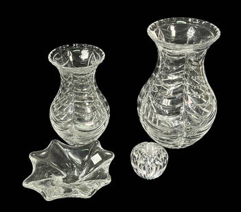 TIFFANY, BACCARAT AND WATERFORD PCS - 4 TOTAL: TIFFANY, BACCARAT AND WATERFORD CRYSTAL PCS - 4 TOTAL 2 TIFFANY VASES 1 BACCARAT DISH 1 WATERFORF APPLE PAPERWEIGHT Height: 10 in. by Width: 6 in. by Depth: 6