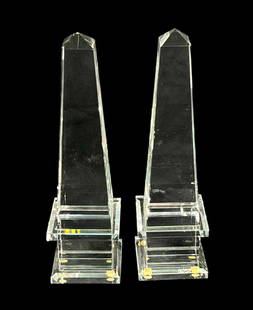 PAIR OF GLASS OBELISKS: PAIR OF GLASS OBELISKS Height: 10 in. by Width: 3 in. by Depth: 3
