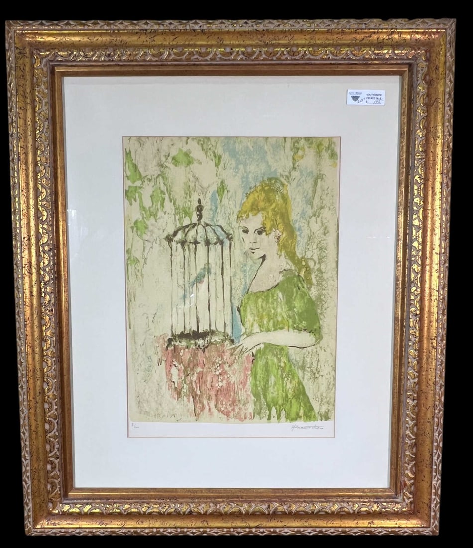 SIGNED 9/200 ANDRE BRAUNECKER LADY W CAGED BIRD: SIGNED 9/200 ANDRE BRAUNECKER LADY W CAGED BIRD Height: 37.5 in. by Width: 31 in. by Depth: 3