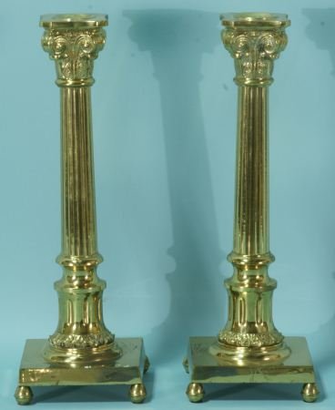 PAIR GILT BRASS GEORGIAN STYLE CANDLESTICKS: PAIR OF GILT BRASS GEORGIAN STYLE CANDLESTICKS. Height: 17 in. by Width: 5 in. by Depth: 5 1/2 in.