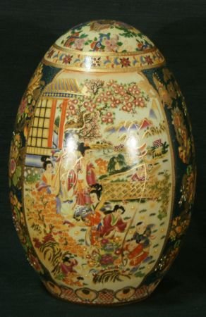LARGE PAINTED PORCELAIN EGG: LARGE PAINTED PORCELAIN EGG Height: 14 in. by Width: 9 1/2 in. by Depth: 9 1/2 in.