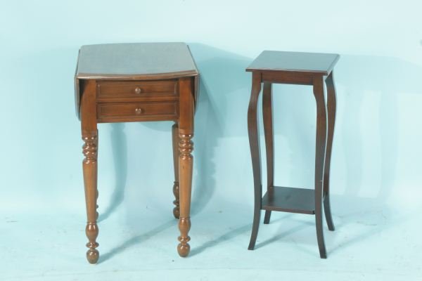 PEDESTAL TABLE AND DROP LEAF END TABLE: PEDESTAL TABLE AND DROP LEAF END TABLE. Height: 28 in. by Width: 16 & 33 in. by Depth: 24 in.